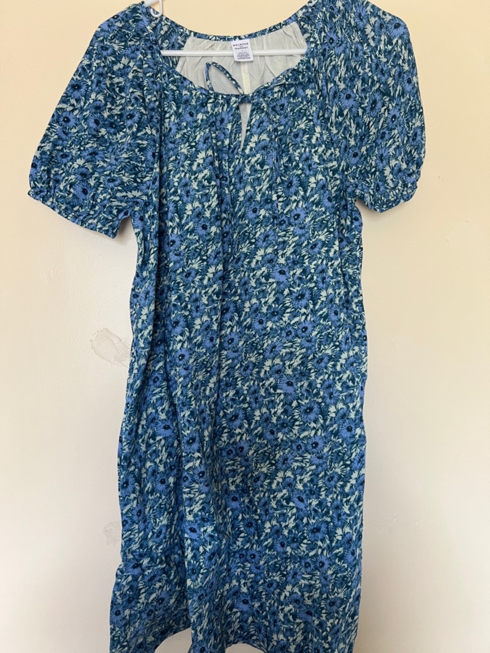 Melrose and Market Blue Floral Midi Dress with Tie Neck